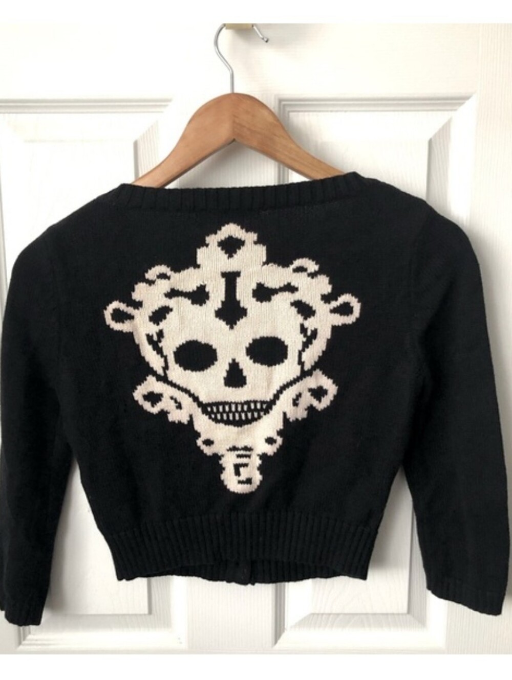 Vintage Betsey Johnson Cotton Crop Black and Cream Skull Knit Sweater Cardigan